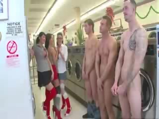 Guys stand in line to get sucked by clothed babes