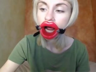 Zooming in Red Lips Open Mouth Gag for Dildo-blowjob.